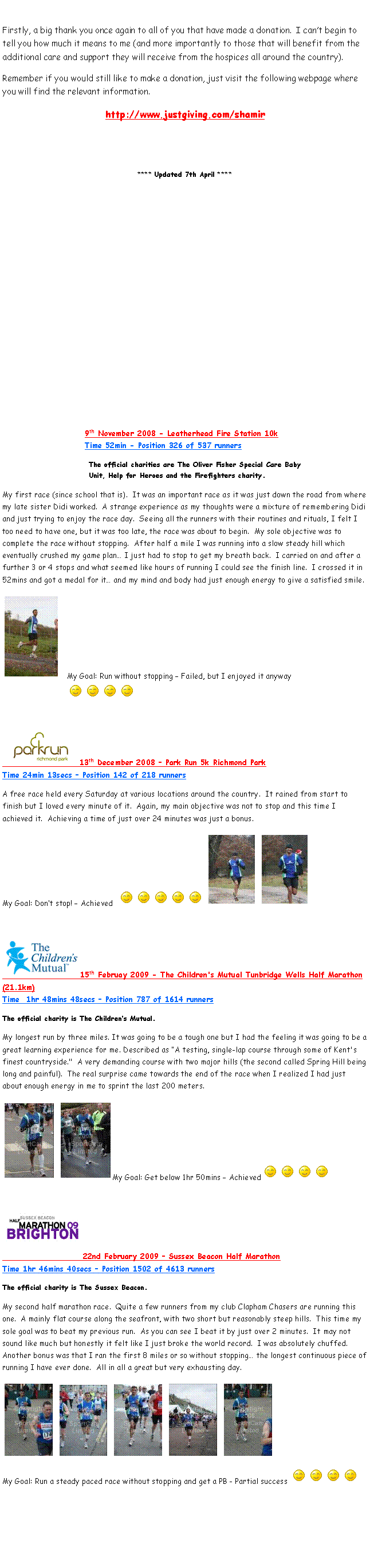 Text Box: Firstly, a big thank you once again to all of you that have made a donation.  I cant begin to tell you how much it means to me (and more importantly to those that will benefit from the additional care and support they will receive from the hospices all around the country).Remember if you would still like to make a donation, just visit the following webpage where you will find the relevant information.http://www.justgiving.com/shamir**** Updated 7th April ****	9th November 2008 - Leatherhead Fire Station 10k
Time 52min - Position 326 of 537 runners				The official charities are The Oliver Fisher Special Care Baby 							Unit, Help for Heroes and the Firefighters charity.My first race (since school that is).  It was an important race as it was just down the road from where my late sister Didi worked.  A strange experience as my thoughts were a mixture of remembering Didi and just trying to enjoy the race day.  Seeing all the runners with their routines and rituals, I felt I too need to have one, but it was too late, the race was about to begin.  My sole objective was to complete the race without stopping.  After half a mile I was running into a slow steady hill which eventually crushed my game plan I just had to stop to get my breath back.  I carried on and after a further 3 or 4 stops and what seemed like hours of running I could see the finish line.  I crossed it in 52mins and got a medal for it and my mind and body had just enough energy to give a satisfied smile.￼	My Goal: Run without stopping  Failed, but I enjoyed it anyway
			￼￼￼￼ ￼13th December 2008  Park Run 5k Richmond Park
Time 24min 13secs  Position 142 of 218 runnersA free race held every Saturday at various locations around the country.  It rained from start to finish but I loved every minute of it.  Again, my main objective was not to stop and this time I achieved it.  Achieving a time of just over 24 minutes was just a bonus.My Goal: Dont stop!  Achieved  ￼￼￼￼￼ ￼ ￼￼15th Februay 2009 - The Children's Mutual Tunbridge Wells Half Marathon (21.1km)
Time  1hr 48mins 48secs  Position 787 of 1614 runnersThe official charity is The Childrens Mutual.My longest run by three miles. It was going to be a tough one but I had the feeling it was going to be a great learning experience for me. Described as A testing, single-lap course through some of Kent's finest countryside."  A very demanding course with two major hills (the second called Spring Hill being long and painful).  The real surprise came towards the end of the race when I realized I had just about enough energy in me to sprint the last 200 meters.￼ ￼My Goal: Get below 1hr 50mins  Achieved￼￼￼￼￼22nd February 2009  Sussex Beacon Half Marathon
Time 1hr 46mins 40secs  Position 1502 of 4613 runnersThe official charity is The Sussex Beacon.My second half marathon race.  Quite a few runners from my club Clapham Chasers are running this one.  A mainly flat course along the seafront, with two short but reasonably steep hills.  This time my sole goal was to beat my previous run.  As you can see I beat it by just over 2 minutes.  It may not sound like much but honestly it felt like I just broke the world record.  I was absolutely chuffed.  Another bonus was that I ran the first 8 miles or so without stopping the longest continuous piece of running I have ever done.  All in all a great but very exhausting day.￼ ￼ ￼ ￼ ￼My Goal: Run a steady paced race without stopping and get a PB - Partial success ￼￼￼￼